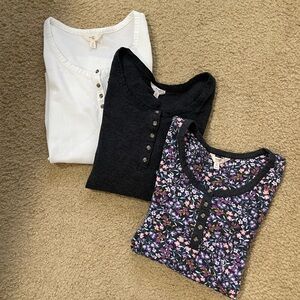 Set of Three Henley Tops - White, Black, Floral